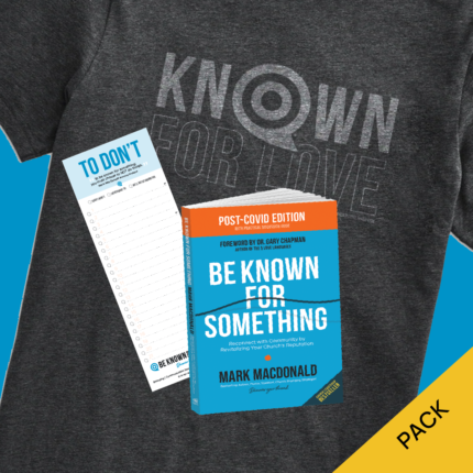 The complete Known Pack with most popular Be Known For Something Church Branding items: T-Shirt, Book, Notepad