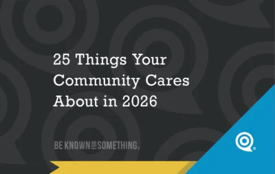 Cover slide: '25 Things Your Community Cares About in 2026' with a dark patterned background and blue diagonal accent.