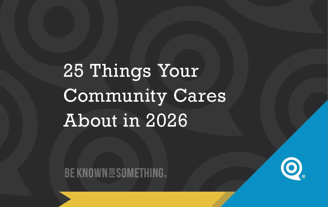 Cover slide: '25 Things Your Community Cares About in 2026' with a dark patterned background and blue diagonal accent.