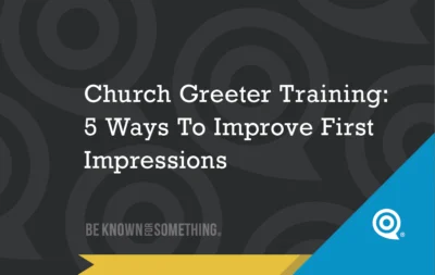 Title slide for Church Greeter Training: '5 Ways To Improve First Impressions' with dark patterned background and blue diagonal accent.