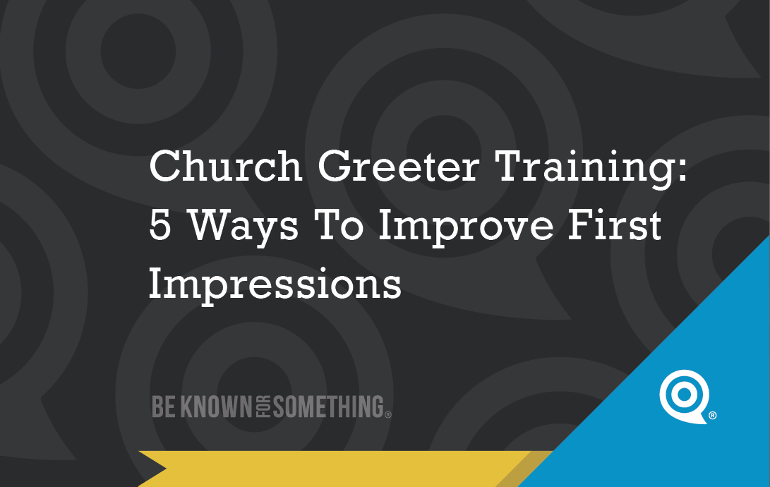 Title slide for Church Greeter Training: '5 Ways To Improve First Impressions' with dark patterned background and blue diagonal accent.