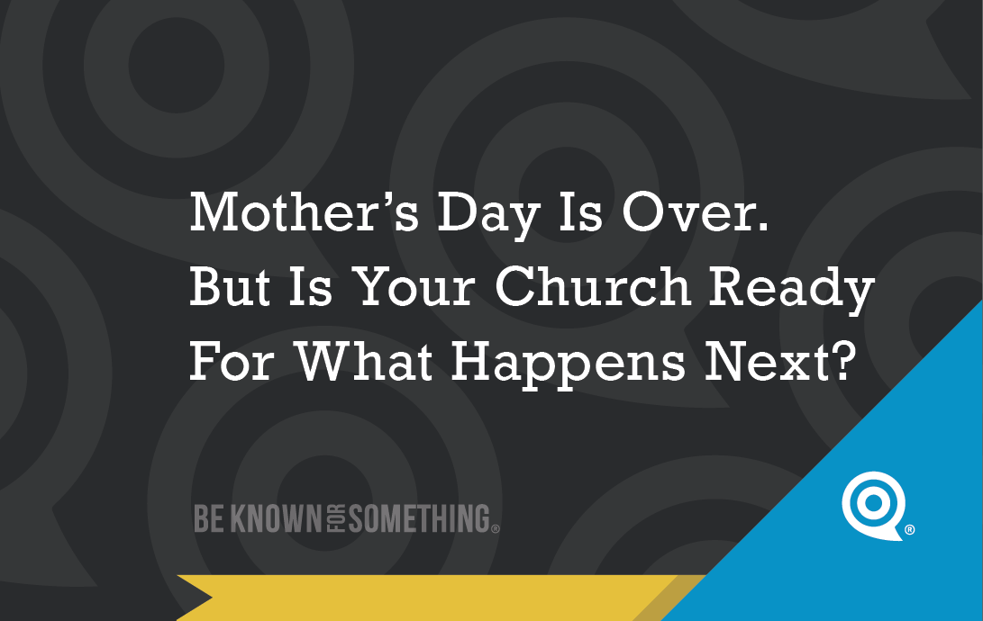 Banner text: "Mother’s Day Is Over. But Is Your Church Ready For What Happens Next?" promoting post-Mother’s Day church readiness (Be Known For Something).