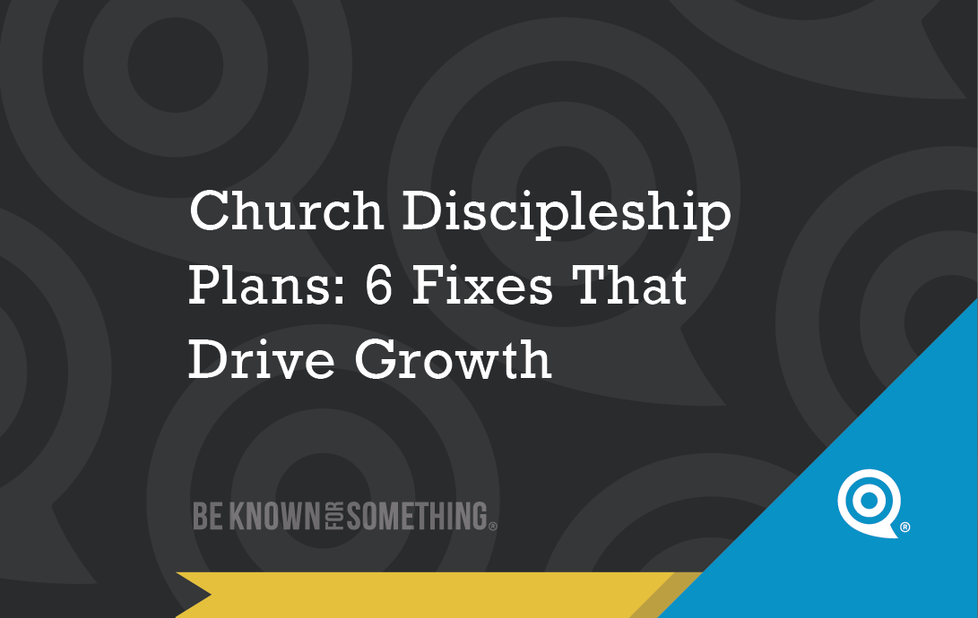 Title slide: 'Church Discipleship Plans: 6 Fixes That Drive Growth' with Be Known for Something branding on a dark patterned background.
