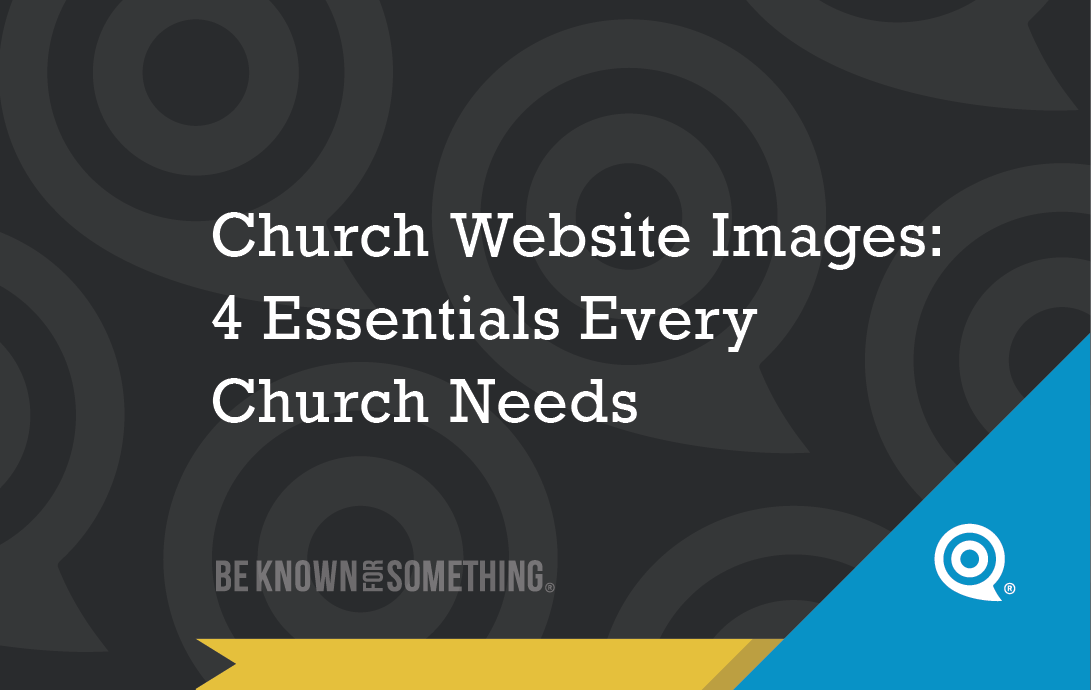 Cover slide with the title 'Church Website Images: 4 Essentials Every Church Needs' on a dark patterned background and a blue diagonal corner accent.