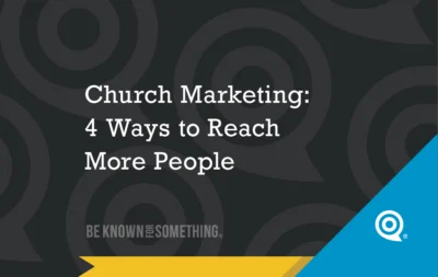 Cover slide for a church marketing presentation: 'Church Marketing: 4 Ways to Reach More People' on a dark patterned background with a blue diagonal bar and branding mark.