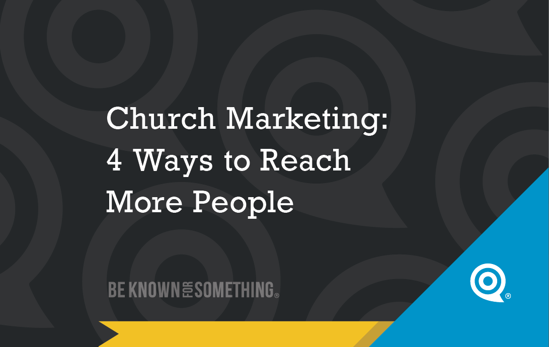 Cover slide for a church marketing presentation: 'Church Marketing: 4 Ways to Reach More People' on a dark patterned background with a blue diagonal bar and branding mark.