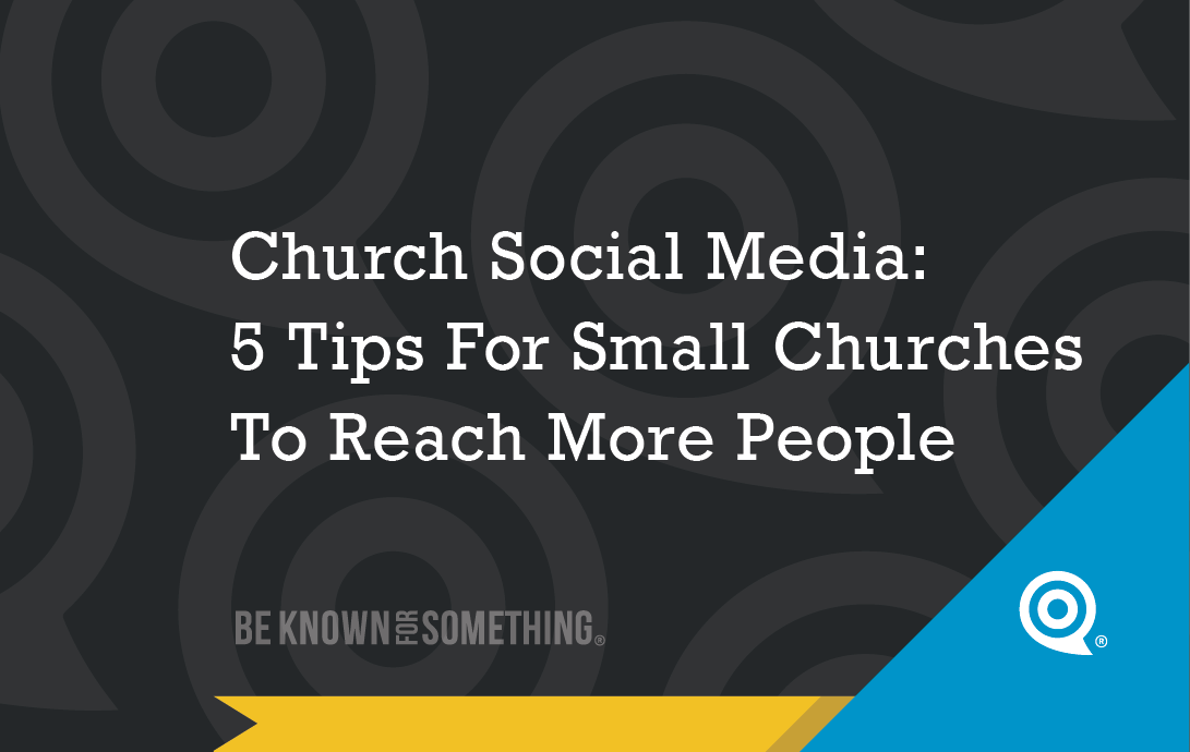 Cover image for a guide: "Church Social Media: 5 Tips For Small Churches To Reach More People" on a dark patterned background with blue and yellow accents near the corner.