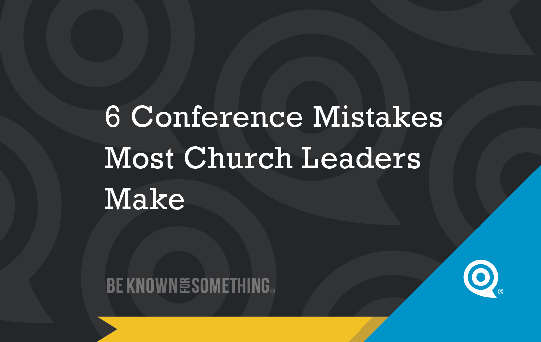 Slide title: '6 Conference Mistakes Most Church Leaders Make' with dark patterned background and a blue corner logo.