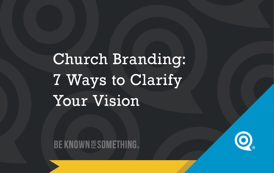 Title slide reading 'Church Branding: 7 Ways to Clarify Your Vision' on a dark patterned background with a blue diagonal banner and logo.
