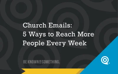 Cover slide with the title “Church Emails: 5 Ways to Reach More People Every Week” on a dark patterned background, blue diagonal corner logo visible at bottom-right.
