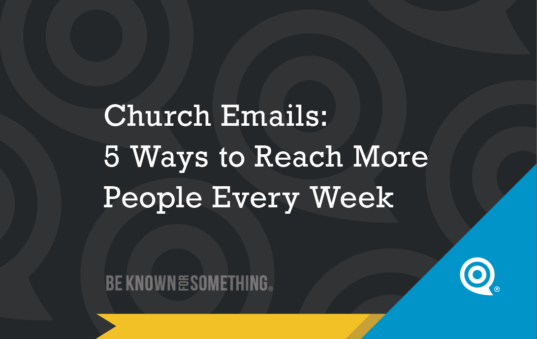 Cover slide with the title “Church Emails: 5 Ways to Reach More People Every Week” on a dark patterned background, blue diagonal corner logo visible at bottom-right.