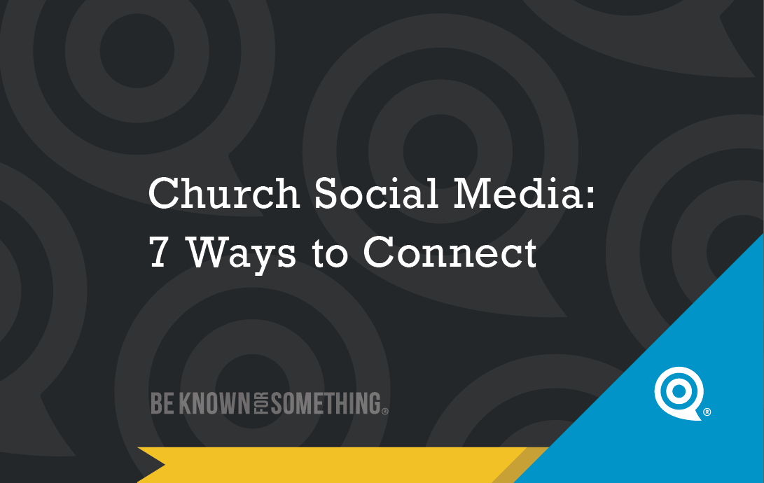 Cover slide: "Church Social Media: 7 Ways to Connect" on a dark patterned background with a blue diagonal corner logo.