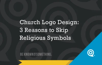 Slide titled 'Church Logo Design: 3 Reasons to Skip Religious Symbols' on a dark patterned background with a yellow ribbon and blue corner.