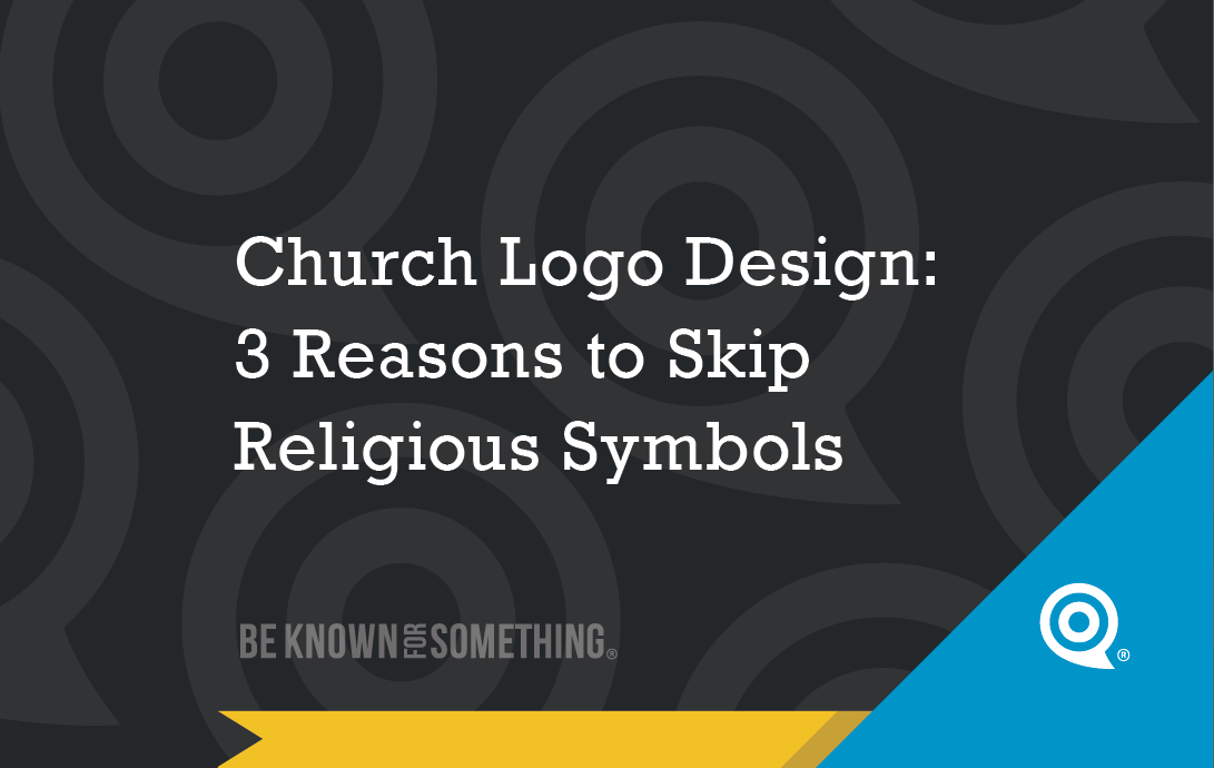 Slide titled 'Church Logo Design: 3 Reasons to Skip Religious Symbols' on a dark patterned background with a yellow ribbon and blue corner.